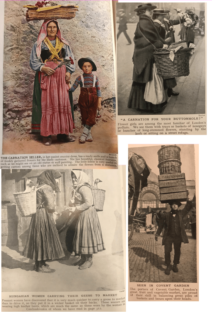 Italian and British carnation vendors - one with flowers finely balanced on her head. Men could do this too as seen at Covent Garden alongside the female flower girls also selling carnations. Hungarian duck carriers exchange news.