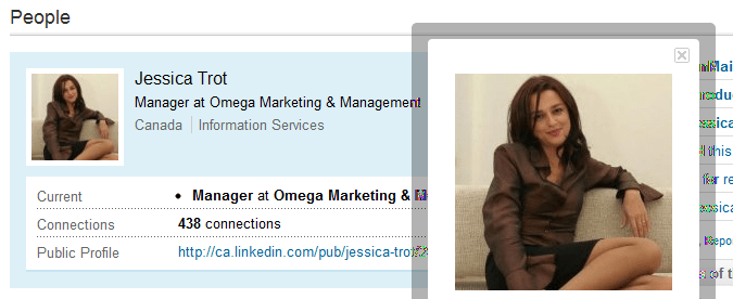 Suspect Fake Profile: Jessica Trot. Is that a real name, and is that a professional looking picture? Or is it more like a prelude to a strip-tease? (Click to see full size)