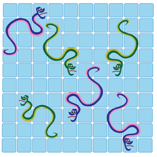 Blank Snakes and Ladders template, with different colored snakes instead of ladders.