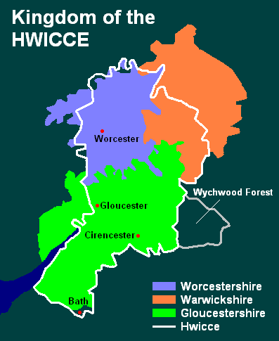 The old kingdom of Hwicce outlined in white around the counties of Gloucestershire, Worcestershire and south-western Warwickshire