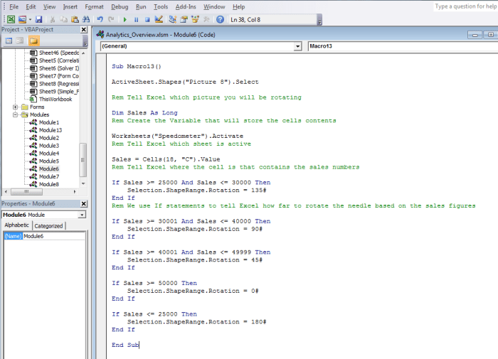 The Visual Basic code used to rotate the needle in the Speedometer chart based on the value stored in the linked cell, created in Excel 2007 or Excel 2010.