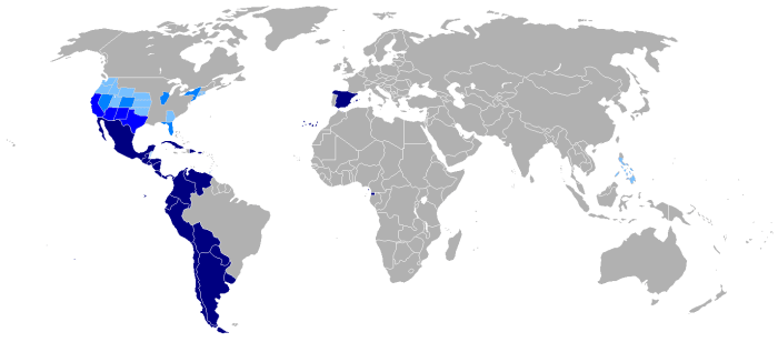 A map of Hispanophone (Spanish-speaking) countries and areas, where Spanish is the mother tongue. Darker blue indicates a higher number of Spanish speakers.