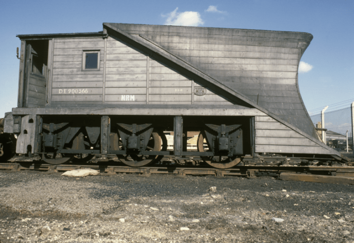 At York a North Eastern Railway snow plough has been bared at the waist to show its underframe origins - redundant locomotive tender frames (4 and 6 wheeled) were thus recycled with timber bodies
