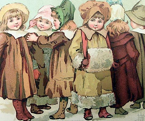 This 19th century Christmas card, painted by Louis Prang, is in the public domain in the United States because its copyright has expired.
