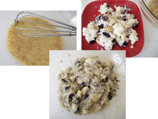Mix together butter, milk, sugar, egg, vanilla, cinnamon and nutmeg. Then add the crumbled muffin and mix together well.