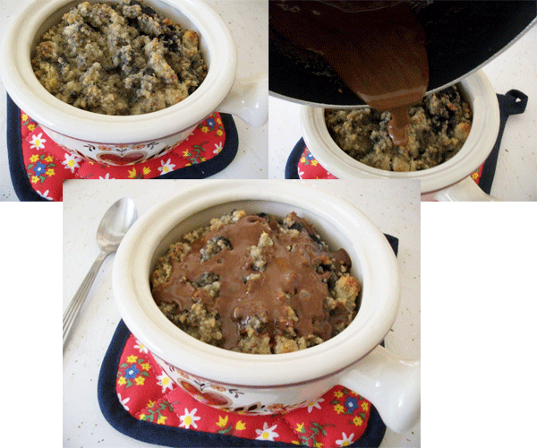 After removing the pudding from the oven, let it sit for about 3 - 5 minutes, then top with the Baileys Irish Cream sauce.