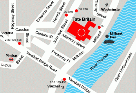 Location of the Tate Gallery overlooking the Thames at Millbank, near the Vauxhall Bridge - formerly where prison hulks were moored