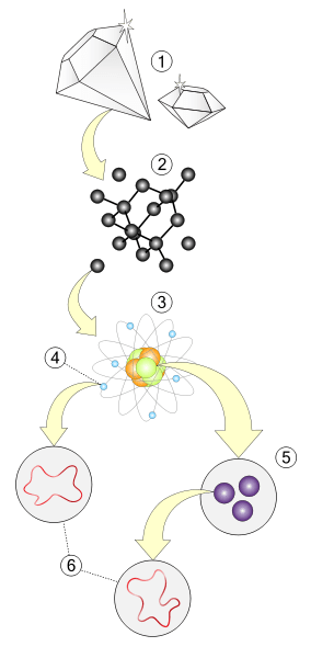 Subatomic Structure: (1) Matter (2) Molecules (3) An atom, the nucleus of protons and neutrons, orbited by (4) Subatomic Electrons (5) Subatomic Quarks (6) Fundamental Strings