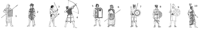 Egyptian Units, New Kingdom, 20th Dynasty: 1. Hettite Spearman, 2. Pharaoh Rameses III, 3. Light Archer, 4. Marine, 5. Guard Officer, 6. Retennu Spearman, 7. Peleset Light Infantry, 8. Peleset Medium Infantry, 9. Meshwesh, 10. Meshwesh Lybian