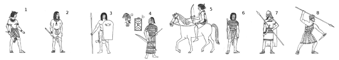 Egyptian Soldiers, New Kingdom, 18th Dynasty: 1. Pharaoh Ahmose, 2. Officer, 3. Infantry, 4. Syrian Chariot Warrior, 5. Horseman, 6. High Ranking Officer, 7. Hyksos Chariot Warrior, 8. Canaanite Spearman