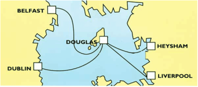 Man's location in the Irish Sea - almost equidistant from Heysham on the Lancashire coast in England and Dublin in the ROI