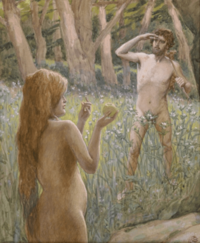Adam Is Tempted by Eve, by James Jacques Joseph Tissot (French, 1836-1902), at the Jewish Museum, New York.