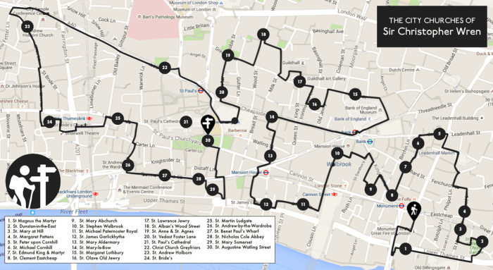 The City of London and a systematic way of visiting them without retracing your steps - there are several London Underground and main line stations scattered around the City to enable you to carry on where you left off