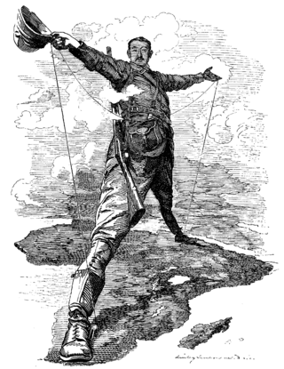 A sketch from Punch magazine depicting Cecil Rhodes as the Rhodes Colossus stretching from Cairo in the north to the Cape in the south.