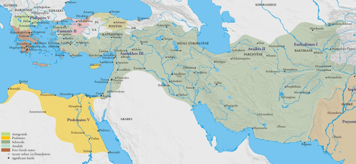 Ptolemaic (in yellow) and Seleucid (in green) kingdoms, during the reigh of Ptolemy V and Antiochus III at approx. 195 BC