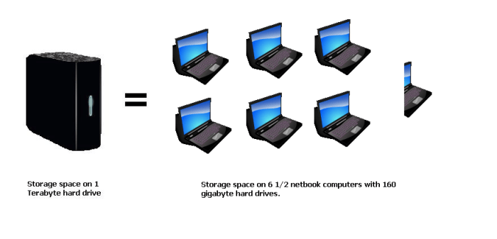 The storage space on a 1 terabyte hard drive equals the storage space on 6 1/2 netbook computers with 160 gig hard drives.