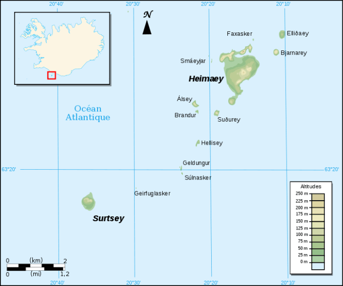 Map of the archipelago of Vestmannaeyjar, with Heimaey clearly labeled in the north.
