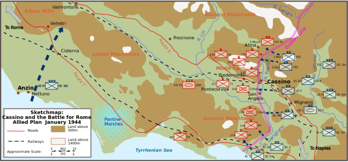 The campaign to crack Kesselring's Gustav Line - the western end of his Winter Line across the Appennine mountains. The worst time of year to tackle the terrain, it had to be undertaken nevertheless