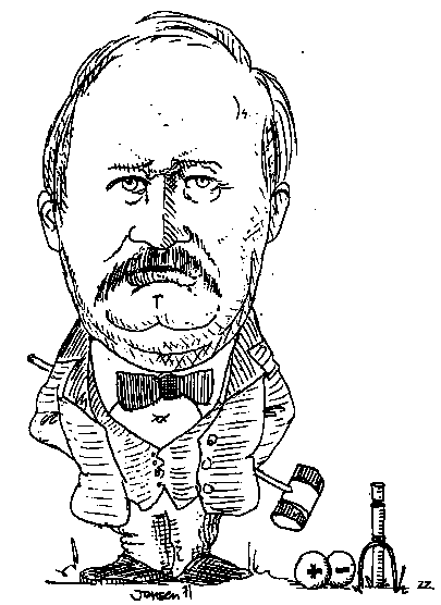 A cartoon of Arrhenius. Note the plus and minus symbols on the croquet balls, a reference to the positive and negative ions Arrhenius identified as occurring in electrolytic solutions, as well as to the playful side of Arrhenius's personality.