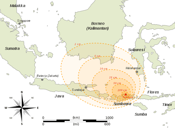 Map of part of SE Asia (mostly Indonesia) showing the thickness of ashfall after the 1815 Tambora eruption.