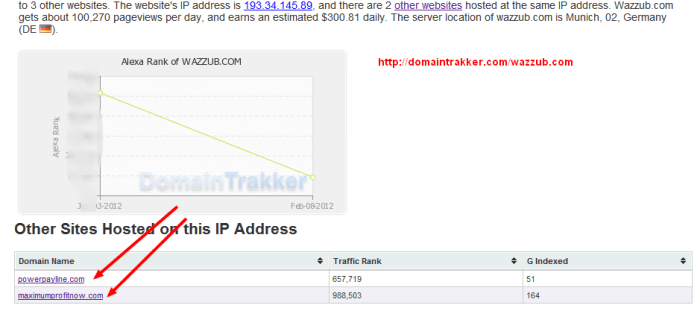 DomainTrakker says two other websites are on Wazzub's server, maximumprofitnow.com and powerpayline.com