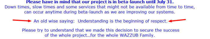 Wazzub announcement of May 2012 excerpt, note the "old saying", yet the announcement is unsigned except as "Wazzub Team".