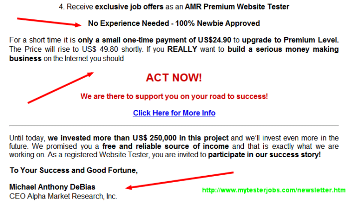 Two things to note: main thing is free, but they ask for premium upgrade later, and whoever is running this is Michael Anthony DeBais.