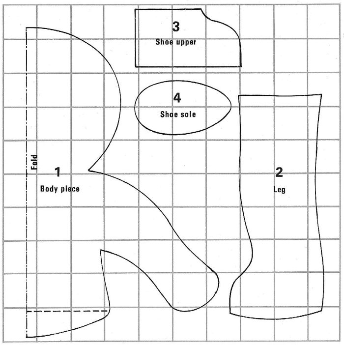 Each Square = 1 Inch - For one body cut two of piece 1 (place fold as indicated) and four of piece 2 in pink fabric. In felt cut four of piece 3 and two of piece 4.