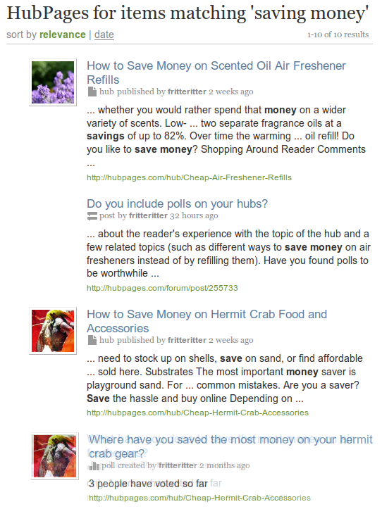 Results from the HubPages user content search may include your hubs, forum posts, polls, images, and more.