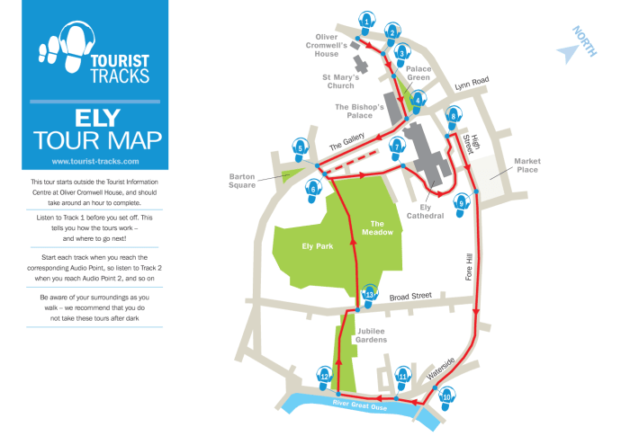 Tour map of the modern city of Ely in relation to past events and general Fenland history