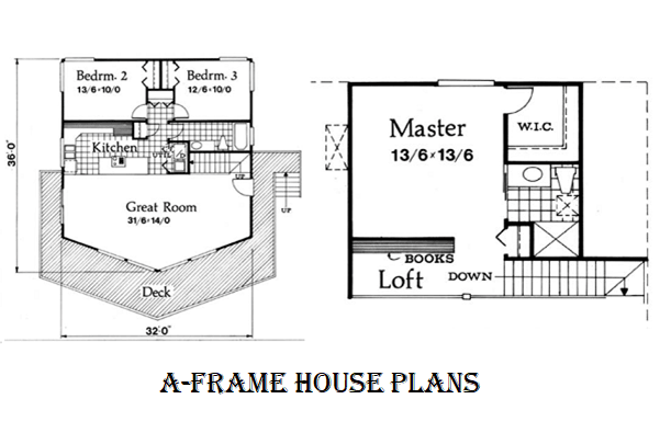 A floor plan of a simple three bedroom A-frame house with an upper floor ensute master bedroom with a kitchenette, a loft, and a sizeable entertainment deck.