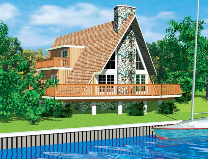 A modern A-frame house with a cantilever wrap-round balcony supported by pillar stilts.. Notice how the house appears like a waterside holiday or a get-away resort..