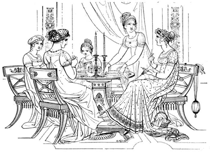 Early 19th century Henry Moses drawing of a domestic scene, idealizing the classical look of the Regency period.