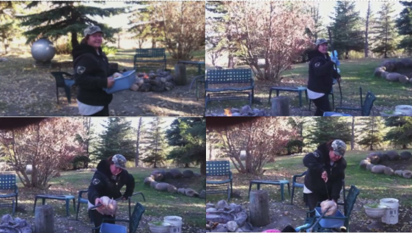 I like to clean the steel rod before inserting it into the turkey. After sliding the rod through the turkey I secure the turkey to the rod with a wire that goes through the side of the turkey and through a hole in the steel rod.