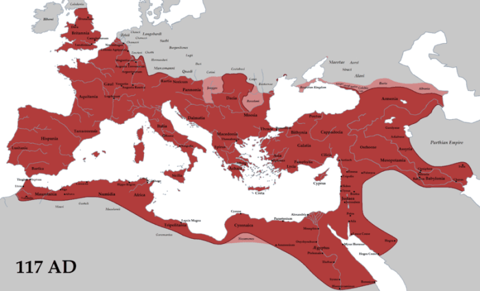 A map of the Roman Empire, although Syria and Palestine now belong to the Arab Caliphate. The Rhine and Danube form boundaries to the European Empire.