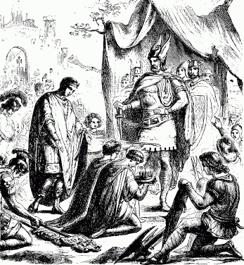 The last Western Emperor Romulus Augustus surrendering the Imperial crown to Odoacer, who promptly proclaimed himself King of Italy.