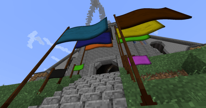 Flags are all fully animated, can come in several colors, and every few minutes swap between appearing to blow in the wind and just hanging towards the ground.