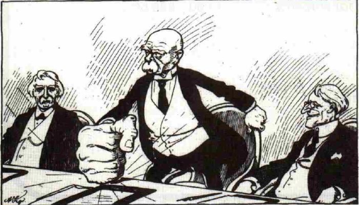 George Clemenceau portrayed as a an anti-German hawk who uses force to get his own way : a previous plate in the document drew allusion to the German militarist government doing the same thing, to deprive Allied legitimacy.