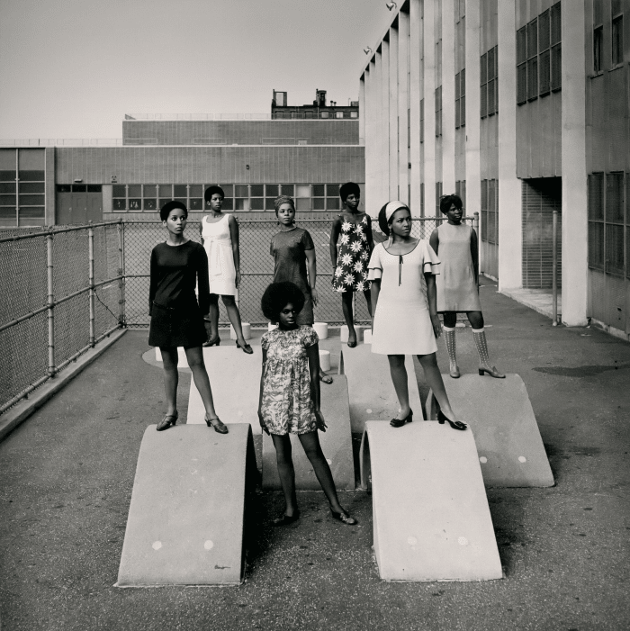 Kwame Brathwaite, Untitled (Photo Shoot at a School for One of the Many Modeling Groups Who Had Begun to Embrace Natural Hairstyles in the 1960s), c. 1966, archival pigment print, the Museum of Fine Arts, Houston. © Kwame Brathwaite