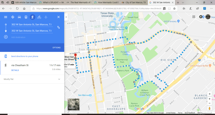 San Marcos Walking Tour Map made on Google Maps with the Price Center as the origin and destination.