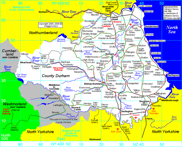 Railway routes of County Durham in the North East of England, the birthplace of public railways and industrial hub, with extensive coal mining in the high ground to the west of the county