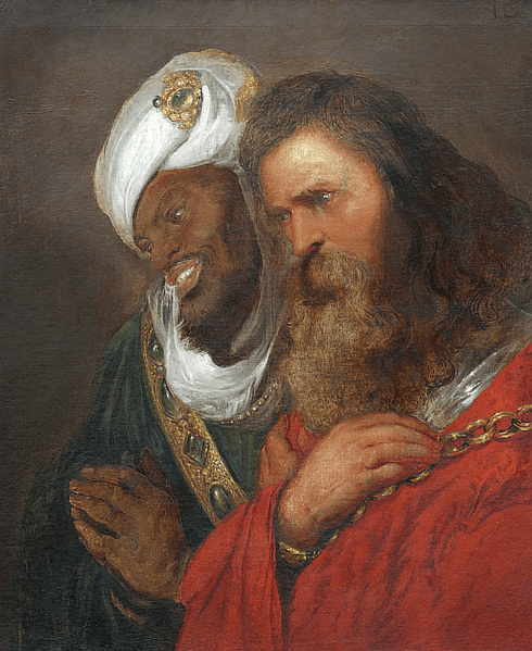 This portrait depicts the Islamic leader Saladin on the left dressed in typical Islamic green and King Guy of Jerusalem dressed in typical Christian red.