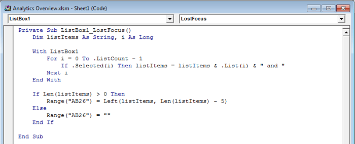 Visual Basic code added to a List Box to list items selected in Excel 2007 and Excel 2010 separated by a ", ".