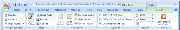 Showing the Design tab for Headers and Footers in Word 2007 and Word 2010.