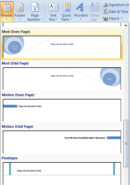 An example of Header styles available for odd and even pages in Word 2007 and Word 2010.