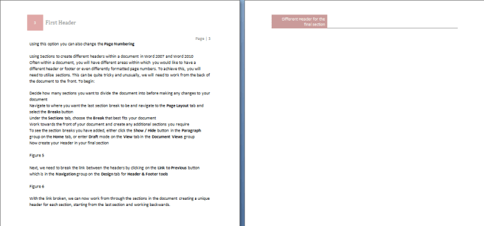 Example of different headers for each section in a document in Word 2007 and Word 2010.