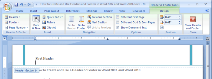 Example of a header, showing the Design tab for Headers & Footer tools in Word 2007 and Word 2010.