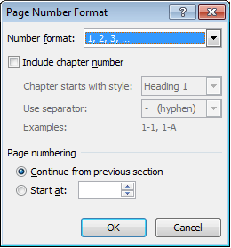 Editable options available for page numbers in Word 2007 and Word 2010.