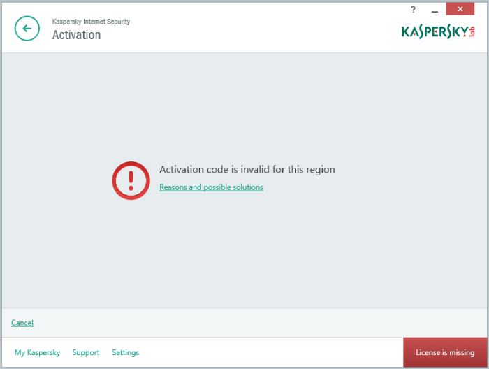 When activating Kaspersky Anti-Virus, Kaspersky Internet Security, Kaspersky Total, you may receive the error message: "Activation code is invalid for this region".