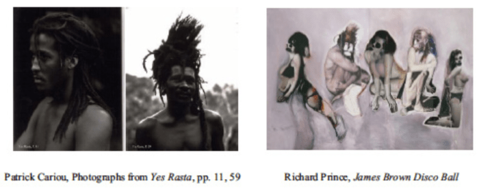 Cariou original subjects on left, Prince's altering of subjects from Cariou's photos on the right. Because Prince's subjects could have come from ANYWHERE, the court could not say they belonged to Cariou, so Prince has the right to use them.